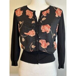 Tracy M. Black Cardigan Ruched Floral Print Silk Panel 3/4 Sleeve Medium